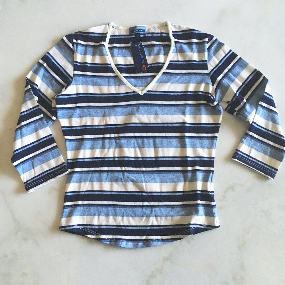 New! NWT authentic Y2K vtg Bluenotes striped v-neck 3/4 sleeve top, blue & white